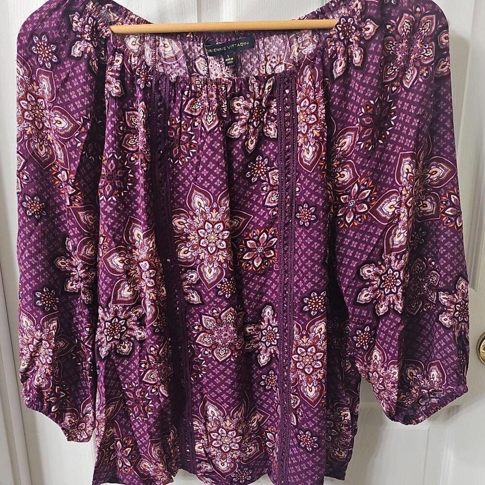 Adrienne Vittadini Purple Medallion Floral Boho Blouse with Crochet Trim Small